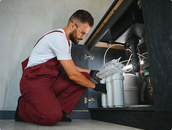 Plumber in burgundy overalls installing an under-sink water filtration system in a dark kitchen cabinet