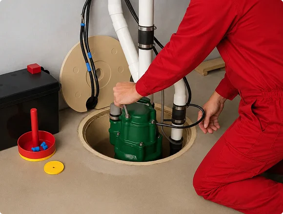 Technician in red coveralls servicing a sump pump installation in a basement floor pit