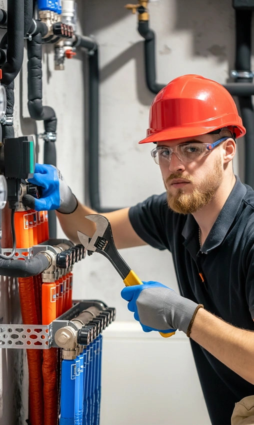 Technician in a red hard hat and safety glasses using a wrench to service industrial plumbing pipes