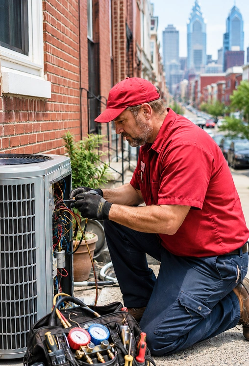 Claude responded: HVAC technician in a red uniform repairing an outdoor air conditioning unit on a city streetHVAC technician in a red uniform repairing an outdoor air conditioning unit on a city street