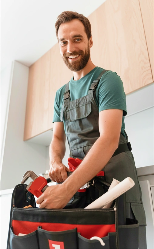Smiling plumber in gray overalls reaching into a tool bag in a modern kitchen