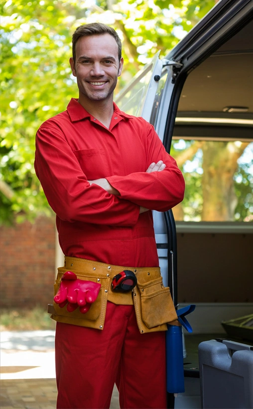 Smiling technician in red coveralls with a tool belt standing in front of a service van
