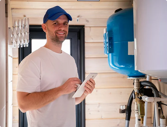 Technician checking a home water heating system
