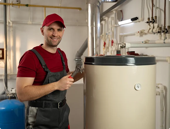 Technician servicing a hot water storage tank