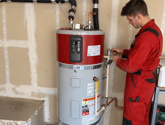 Technician repairing a heat pump water heater