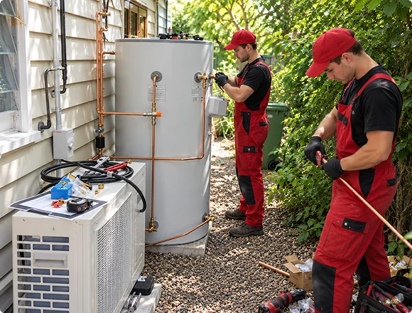 Technicians replacing an outdoor heat pump water heater