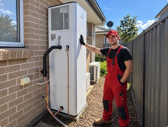 Technician beside a newly installed hybrid water heater