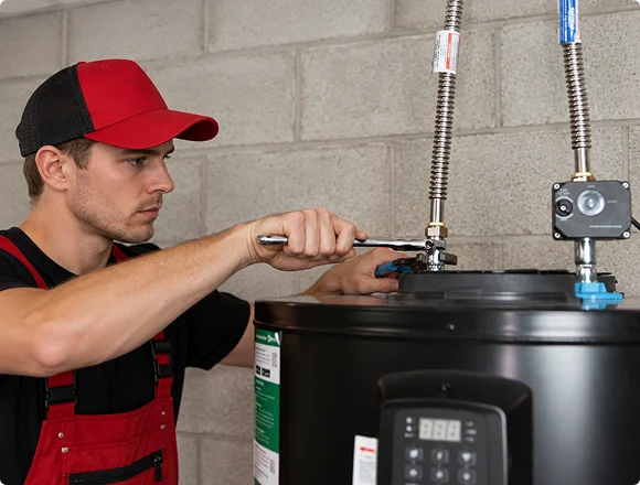 Technician connecting pipes to a heat pump water heater